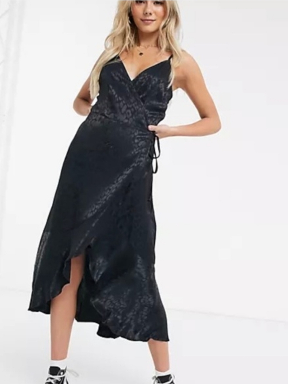 Abercrombie & Fitch Black Satin Leopard Print High Low Hem Wrap Dress Size L